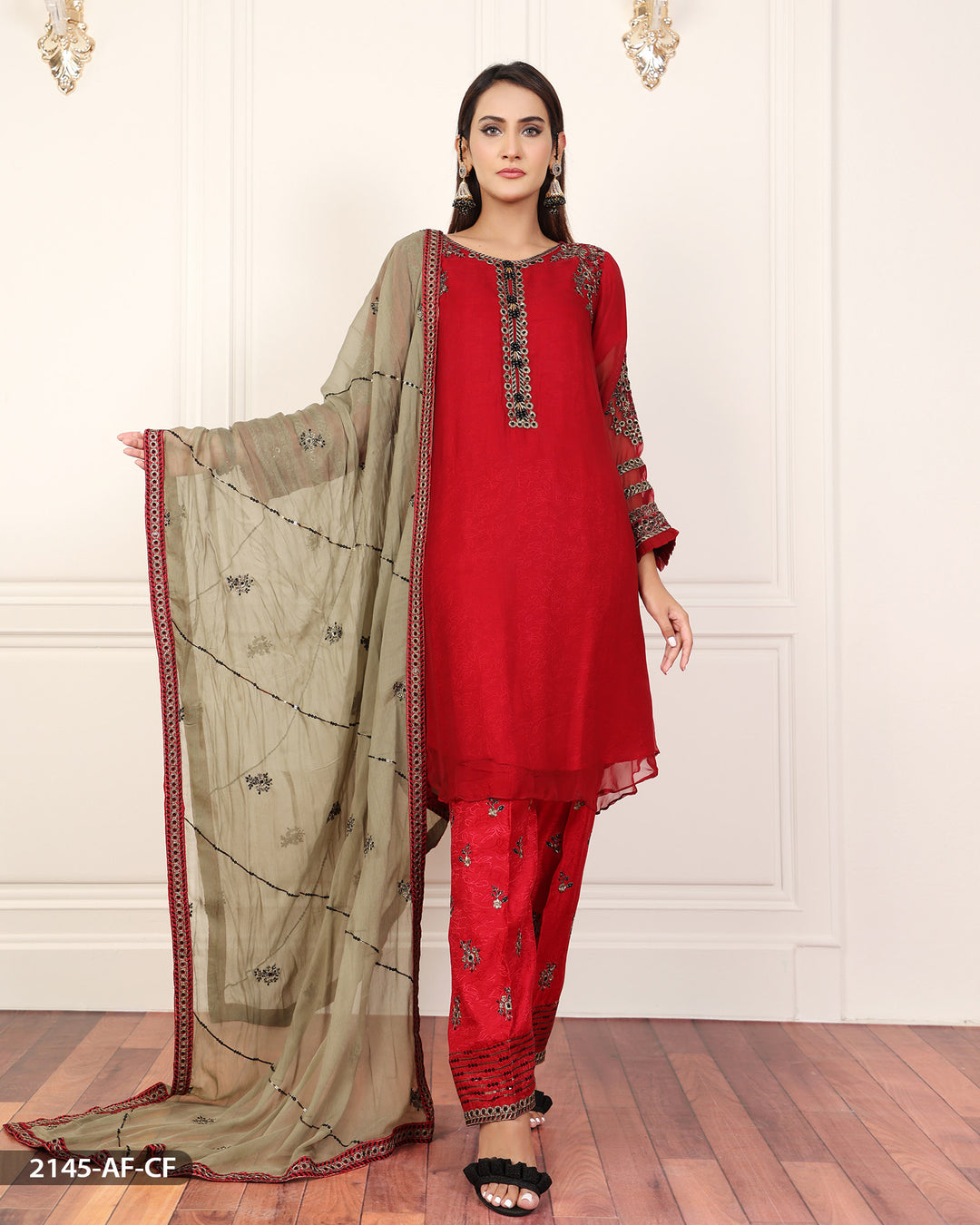 Stitched 3 Piece Embroidered Frock | 2145-AF-CF