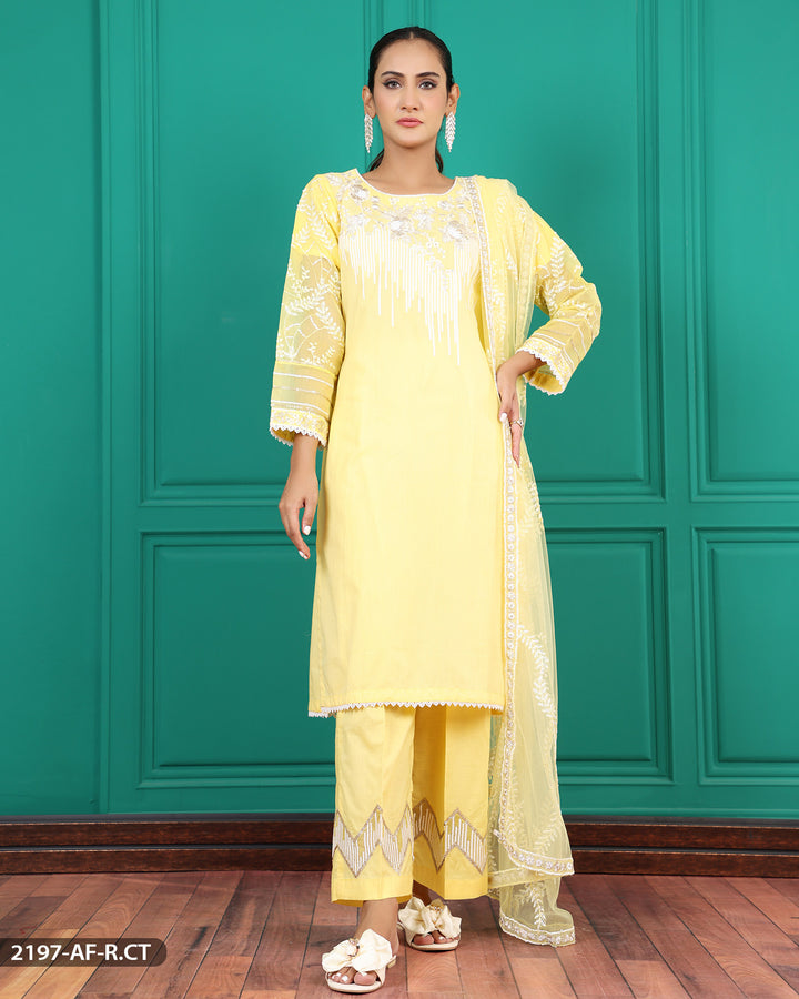 Stitched 3 Piece Cotton Embroidered Suit | 2197-AF-R.CT