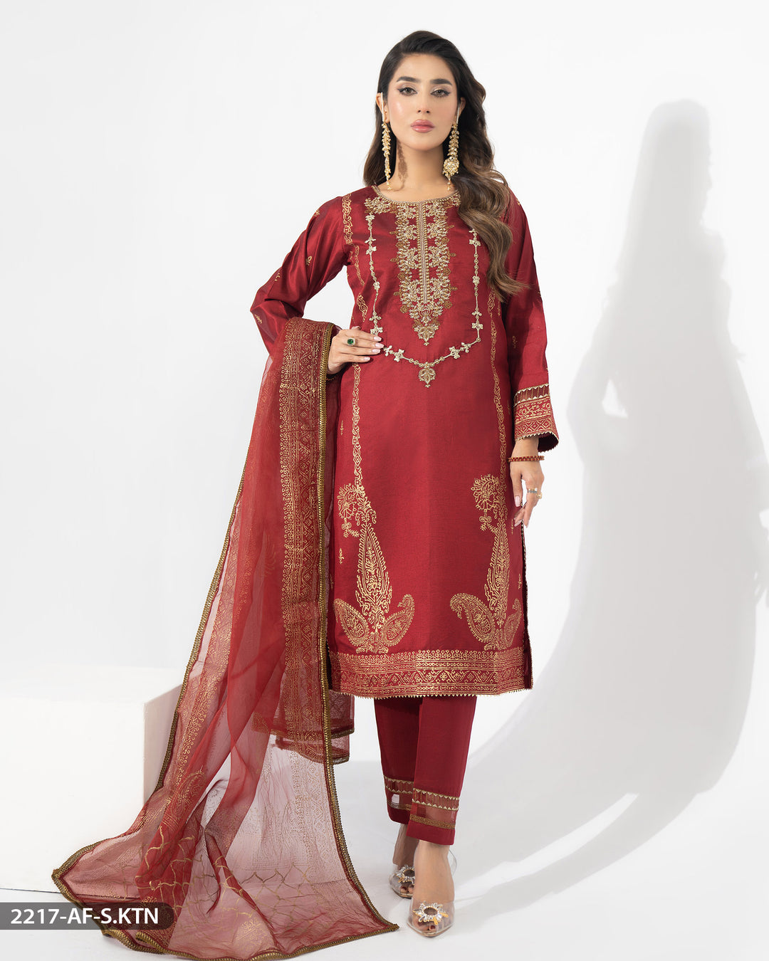 3 Piece Embroidered Chambray Katan Suit | 2217-AF-S.KTN