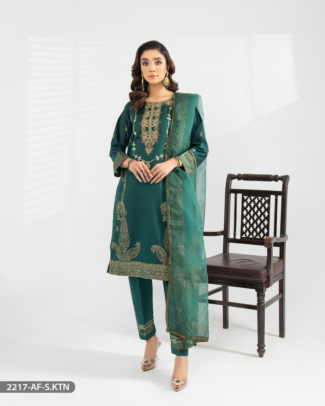 3 Piece Embroidered Chambray Katan Suit | 2217-AF-S.KTN