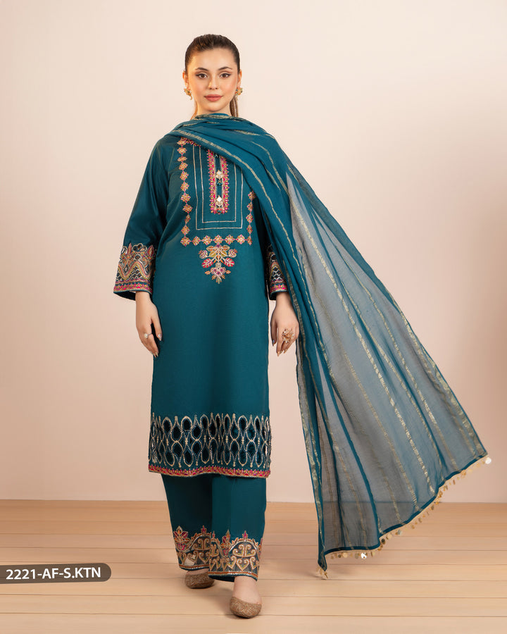 3 Piece Chambray Katan Embroidered Suit | 2221-AF-S.KTN