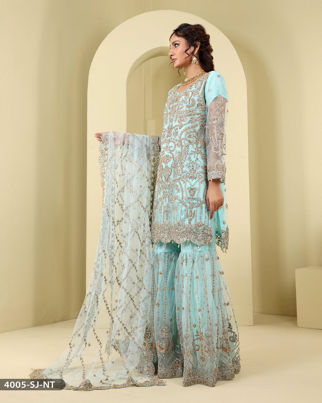 Formal 3 Piece Embroidered Wedding Dress With Garara | 4005-SJ-NT