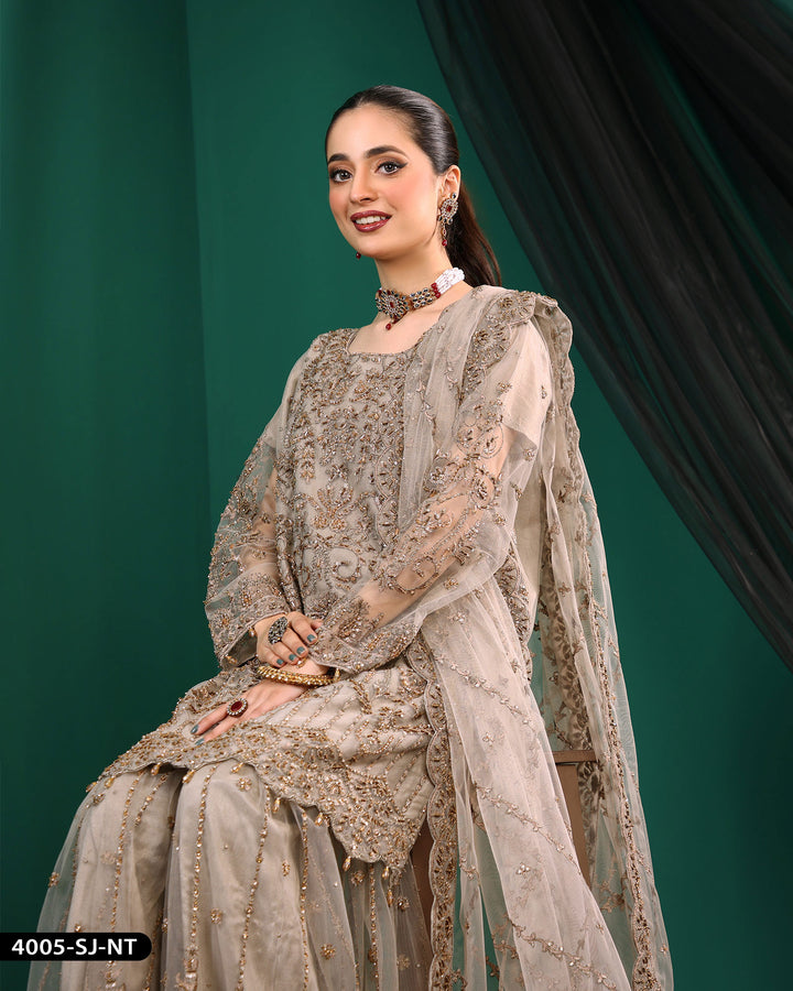 Formal 3 Piece Embroidered Wedding Dress With Garara | 4005-SJ-NT