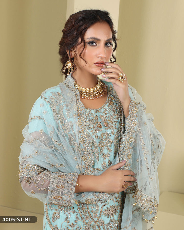 Formal 3 Piece Embroidered Wedding Dress With Garara | 4005-SJ-NT