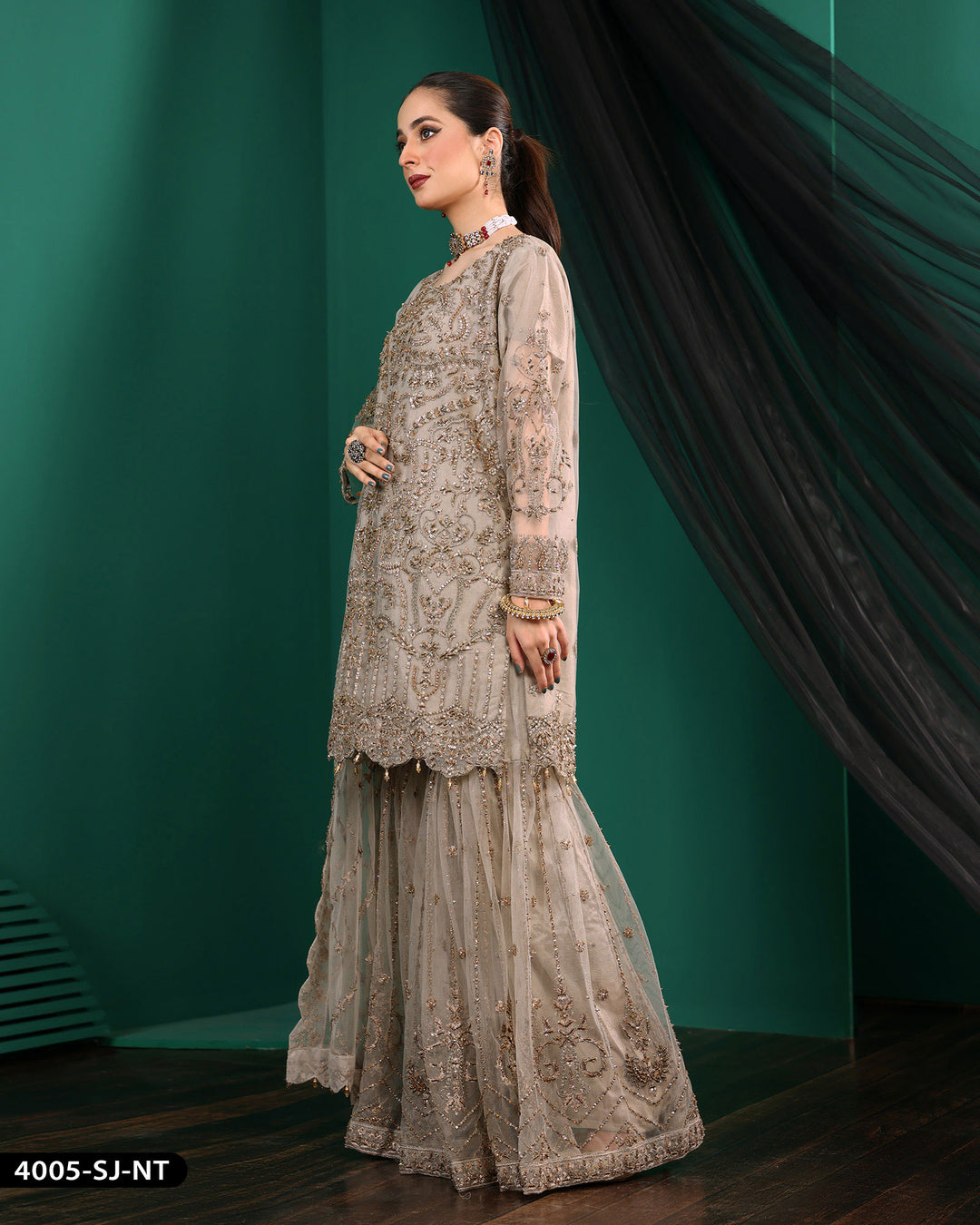 Formal 3 Piece Embroidered Wedding Dress With Garara | 4005-SJ-NT