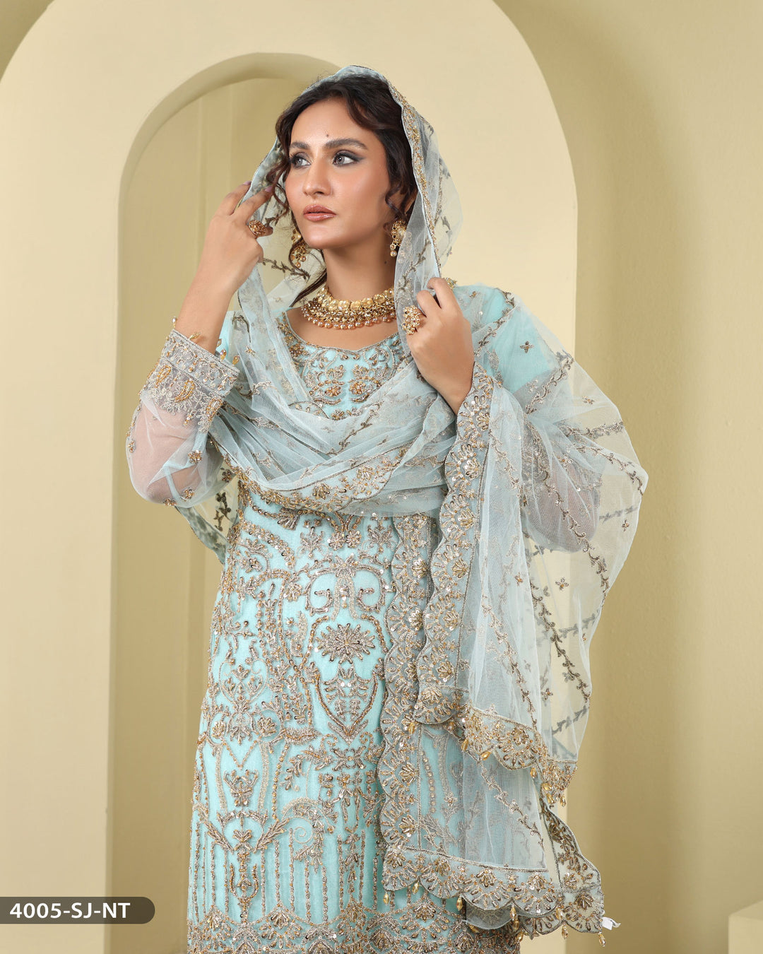 Formal 3 Piece Embroidered Wedding Dress With Garara | 4005-SJ-NT