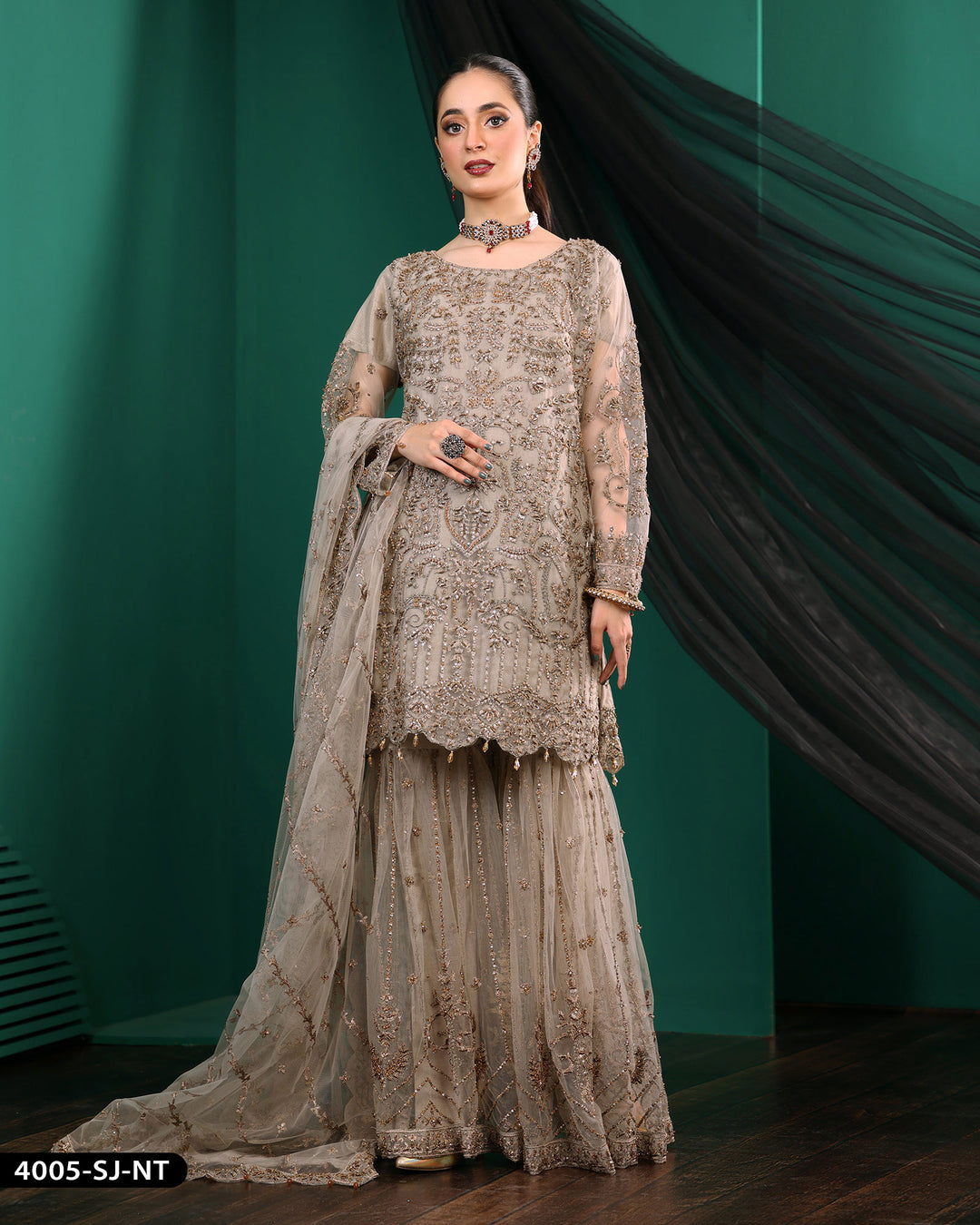 Formal 3 Piece Embroidered Wedding Dress With Garara | 4005-SJ-NT