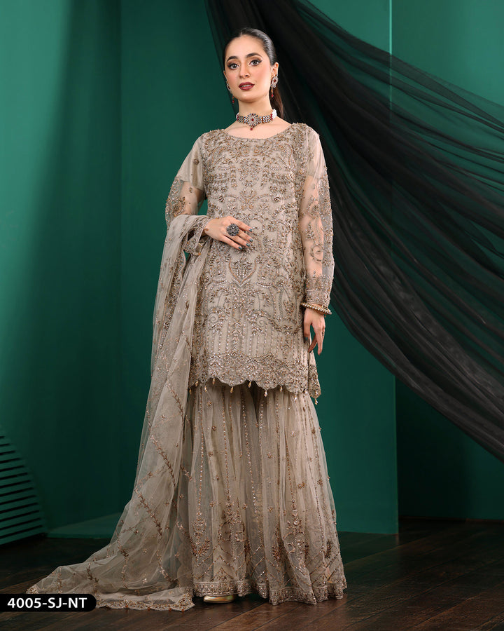 Formal 3 Piece Embroidered Wedding Dress With Garara | 4005-SJ-NT