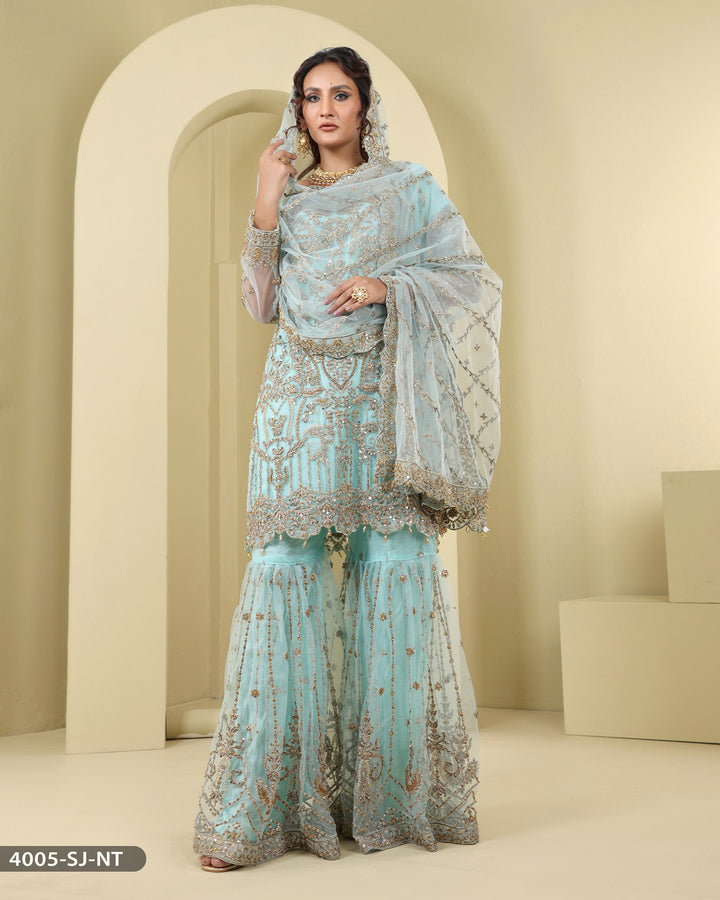 Formal 3 Piece Embroidered Wedding Dress With Garara | 4005-SJ-NT