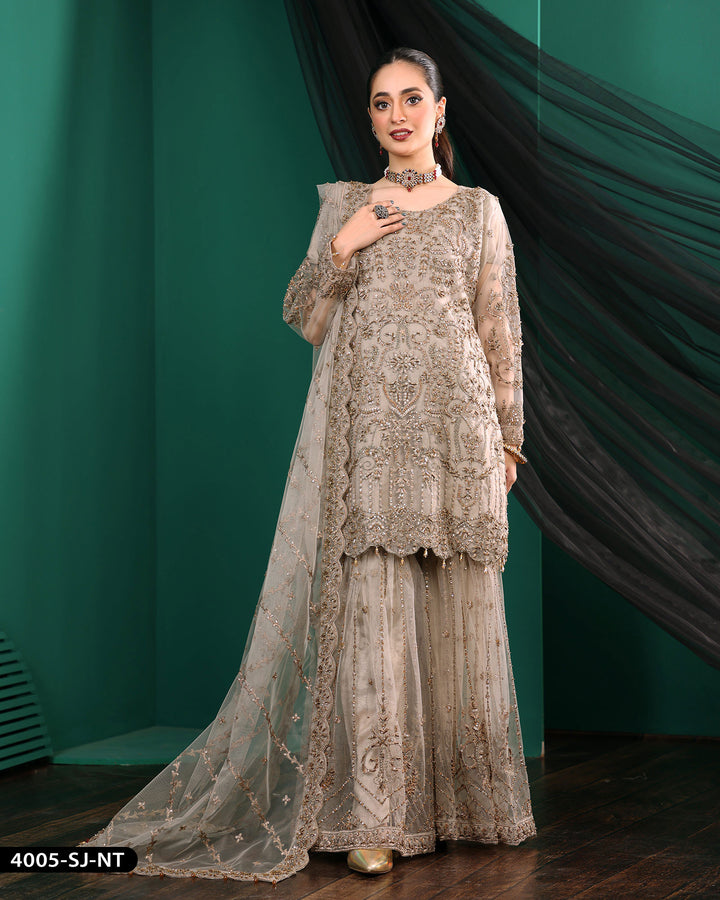 Formal 3 Piece Embroidered Wedding Dress With Garara | 4005-SJ-NT