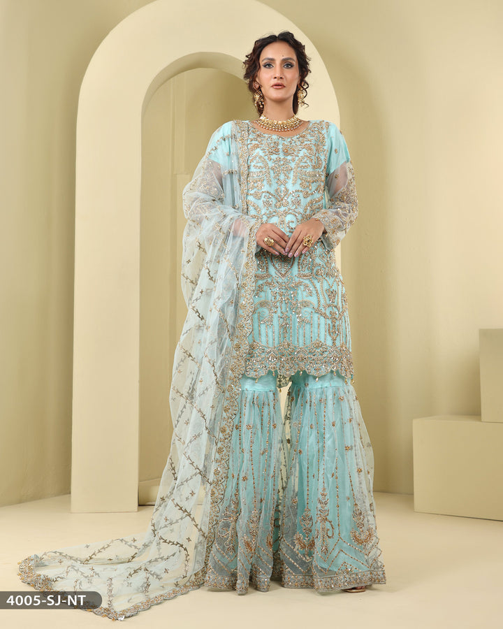 Formal 3 Piece Embroidered Wedding Dress With Garara | 4005-SJ-NT