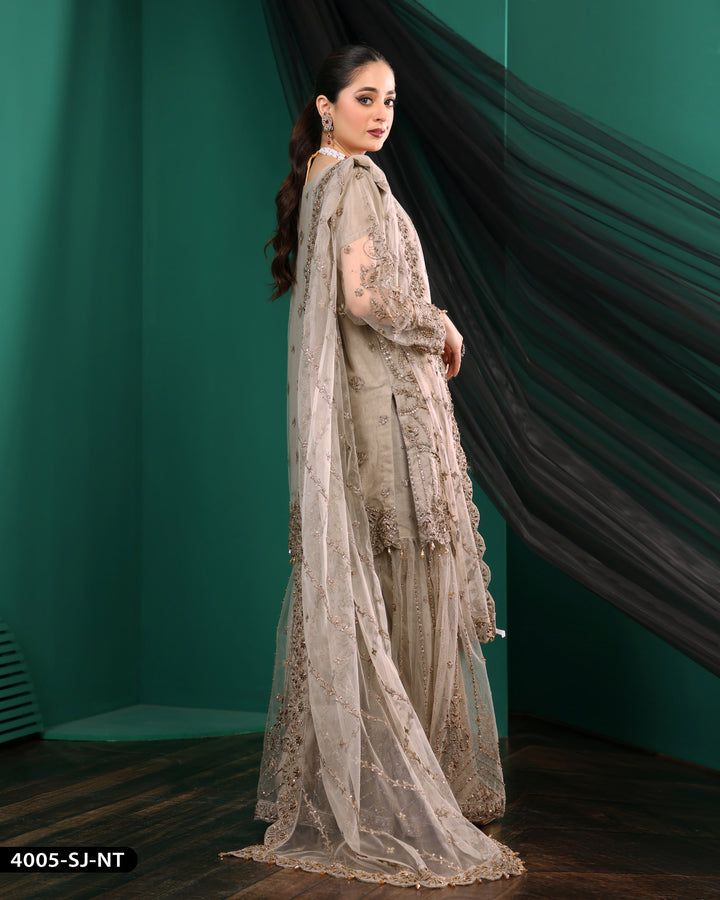 Formal 3 Piece Embroidered Wedding Dress With Garara | 4005-SJ-NT