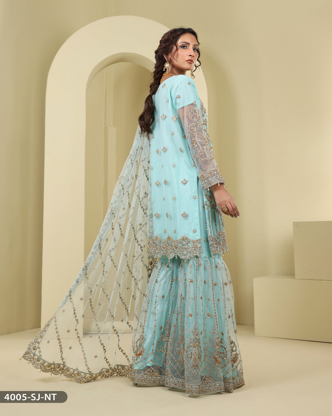 Formal 3 Piece Embroidered Wedding Dress With Garara | 4005-SJ-NT