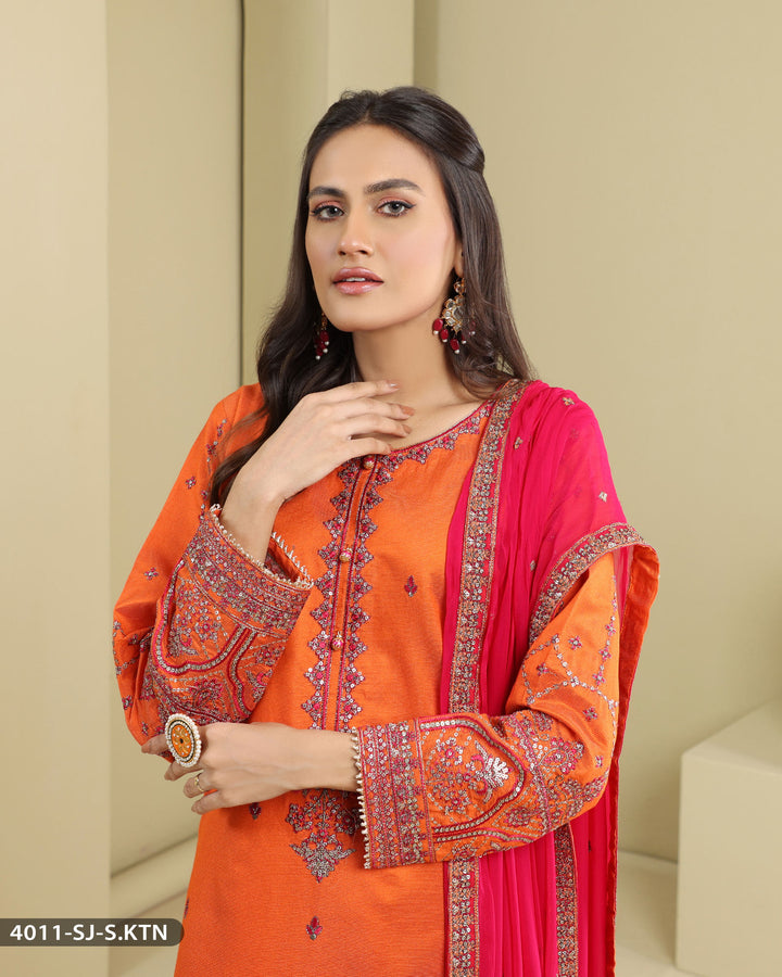 3 Piece Chambray Katan Embroidered | 4011-SJ-S.KTN