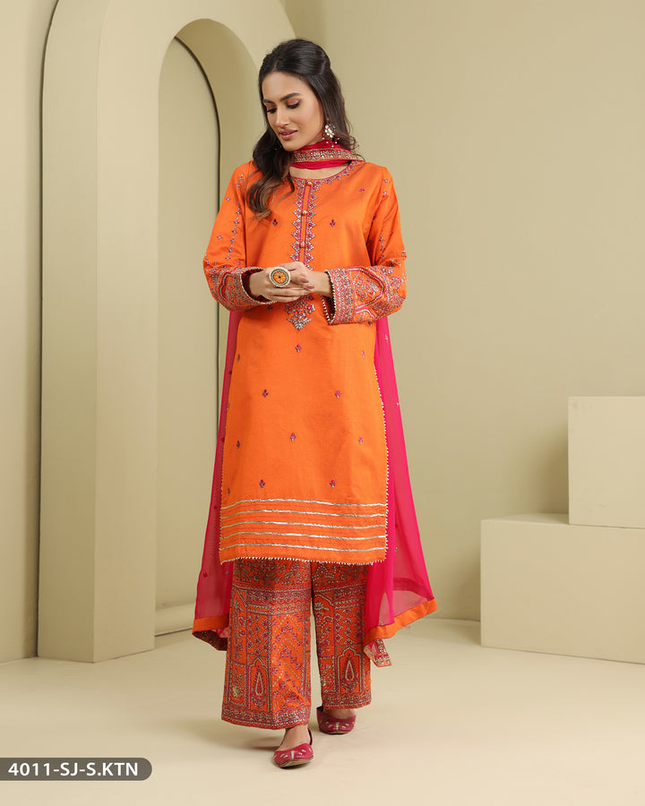 3 Piece Chambray Katan Embroidered | 4011-SJ-S.KTN