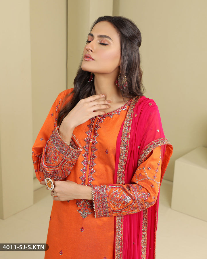 3 Piece Chambray Katan Embroidered | 4011-SJ-S.KTN