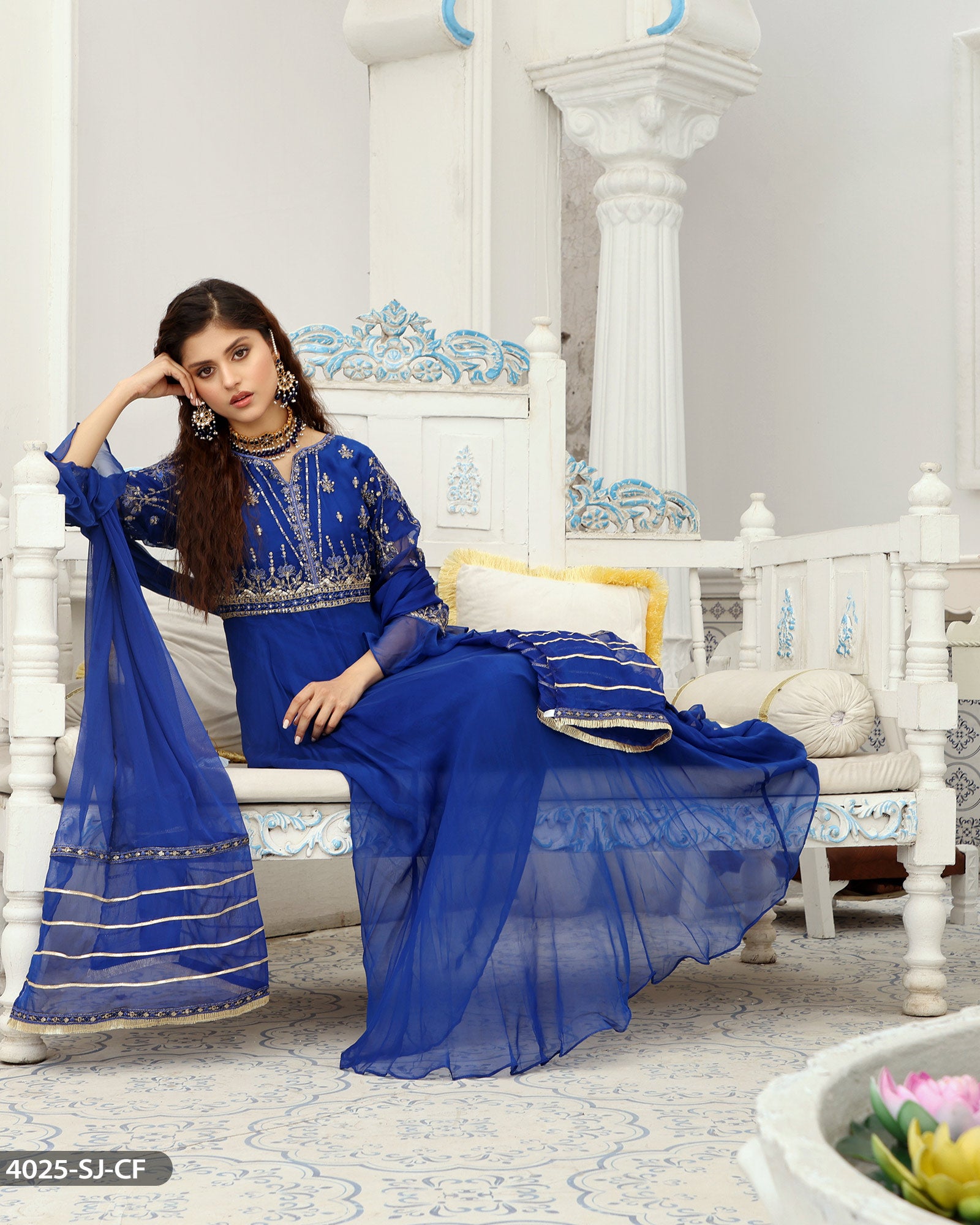 Formal 3PC Blue Embroidered Maxi