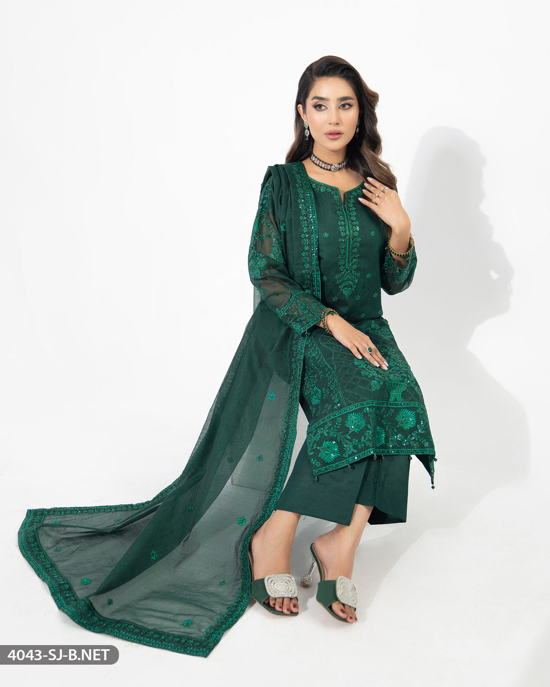 3 Piece Bori  Net Embroidered Suit | 4043-SJ-B.NET