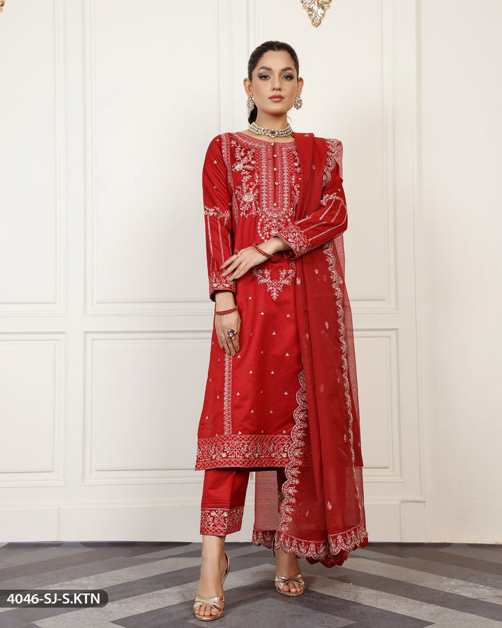 Stitched Embroidered Chambray Katan Suit | 4046-SJ-S.KTN