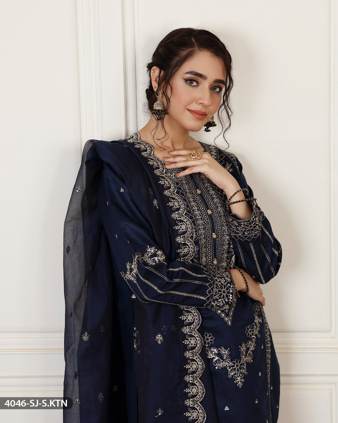 Stitched Embroidered Chambray Katan Suit | 4046-SJ-S.KTN