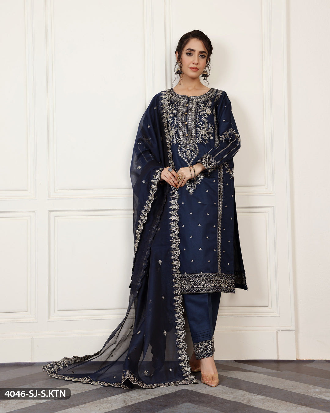 Stitched Embroidered Chambray Katan Suit | 4046-SJ-S.KTN