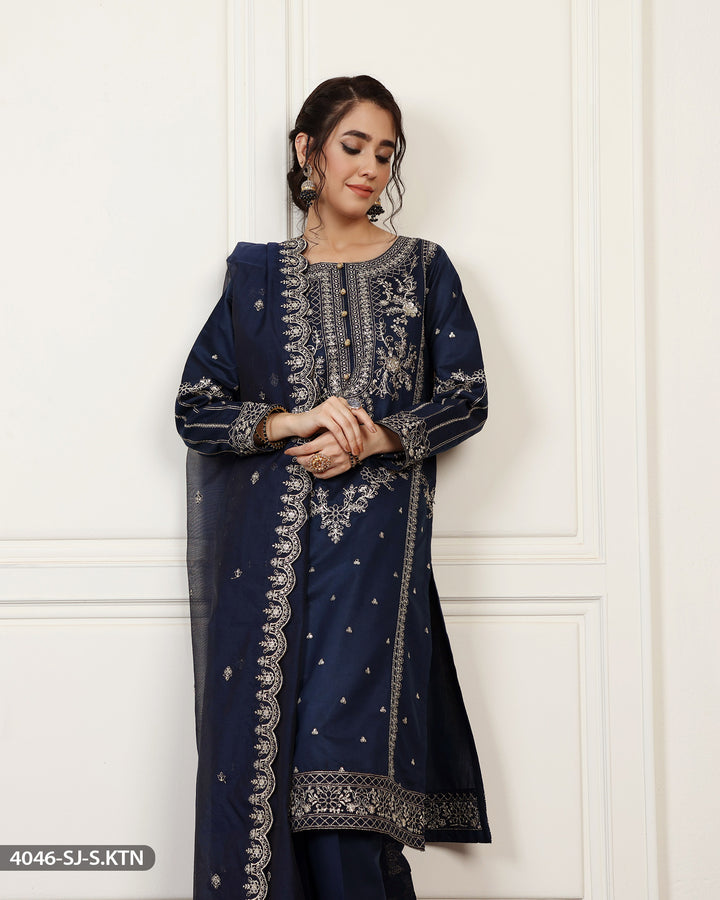 Stitched Embroidered Chambray Katan Suit | 4046-SJ-S.KTN