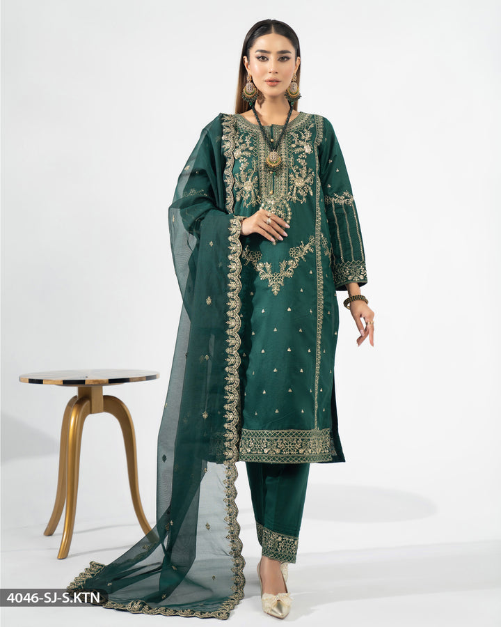 Stitched Embroidered Chambray Katan Suit | 4046-SJ-S.KTN