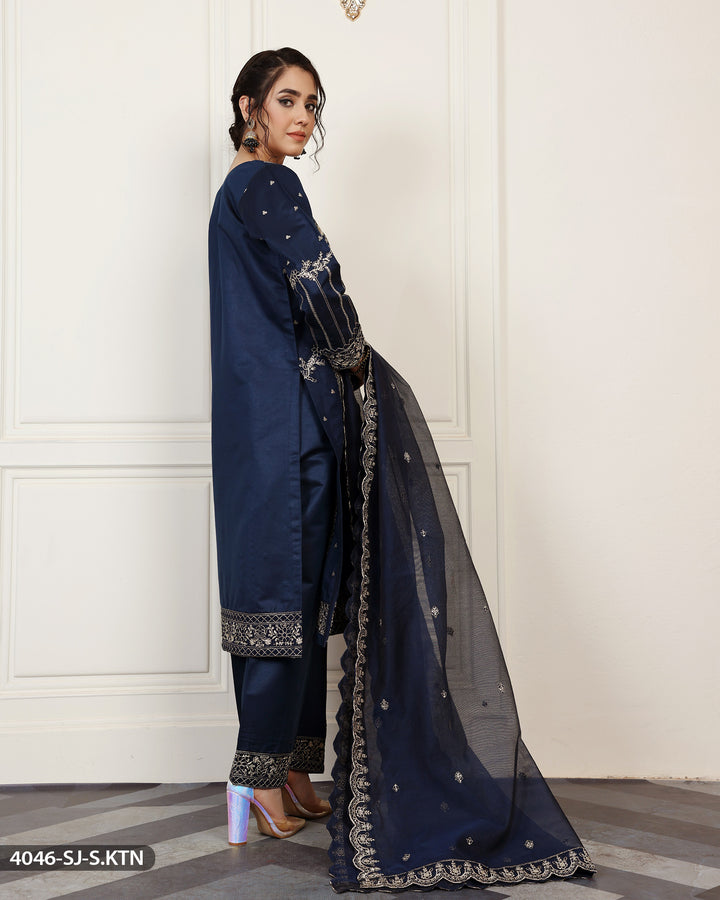 Stitched Embroidered Chambray Katan Suit | 4046-SJ-S.KTN