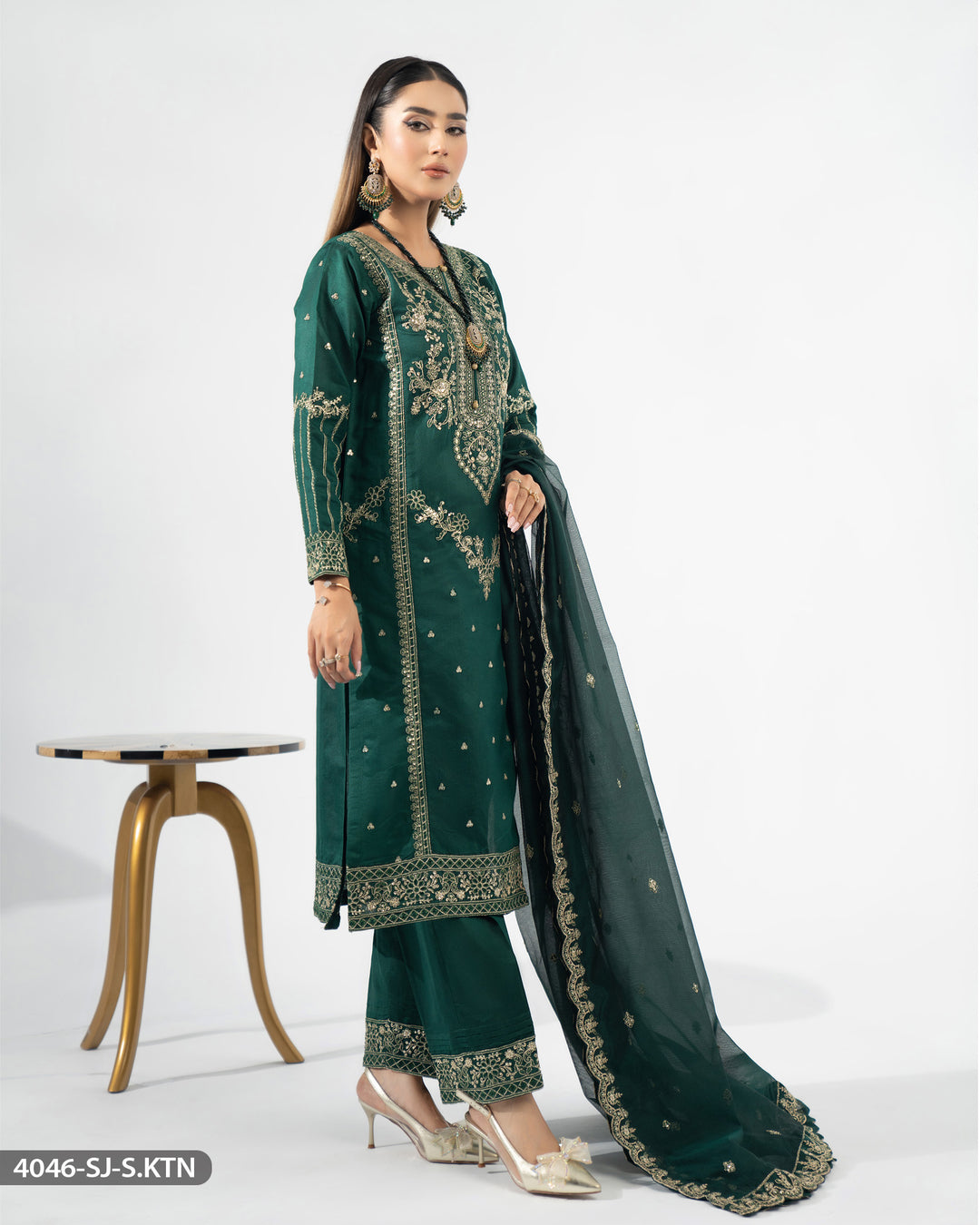 Stitched Embroidered Chambray Katan Suit | 4046-SJ-S.KTN