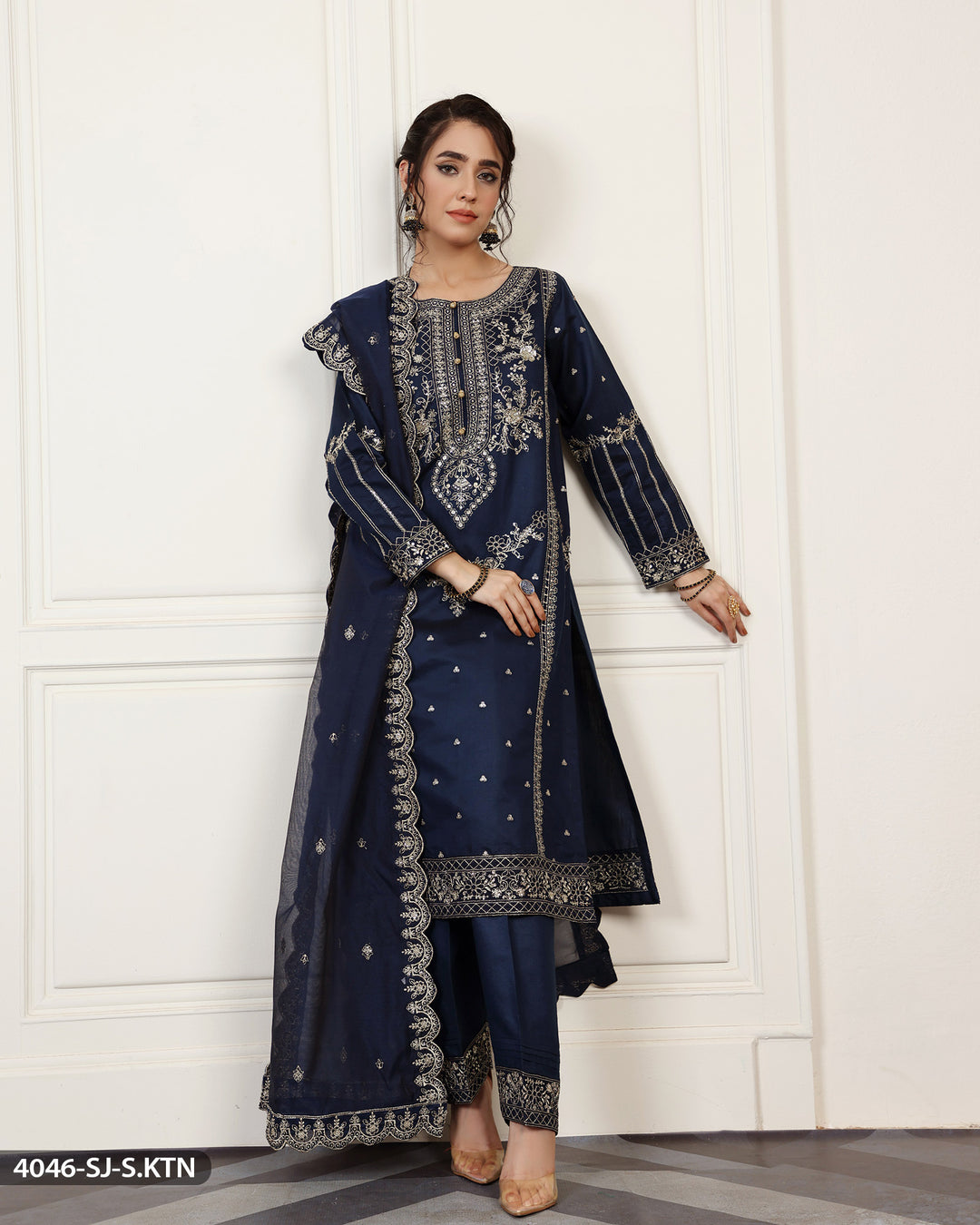 Stitched Embroidered Chambray Katan Suit | 4046-SJ-S.KTN