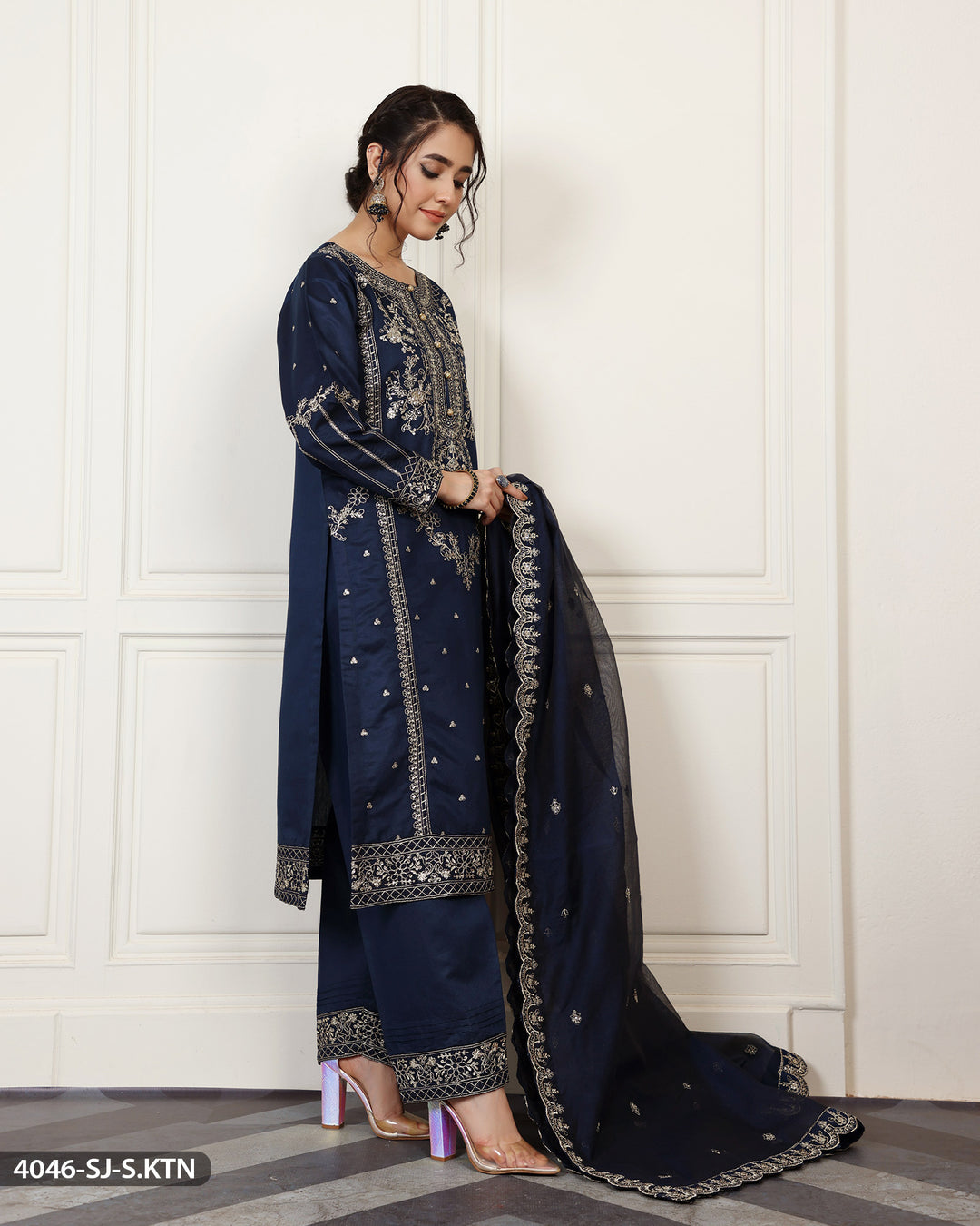 Stitched Embroidered Chambray Katan Suit | 4046-SJ-S.KTN