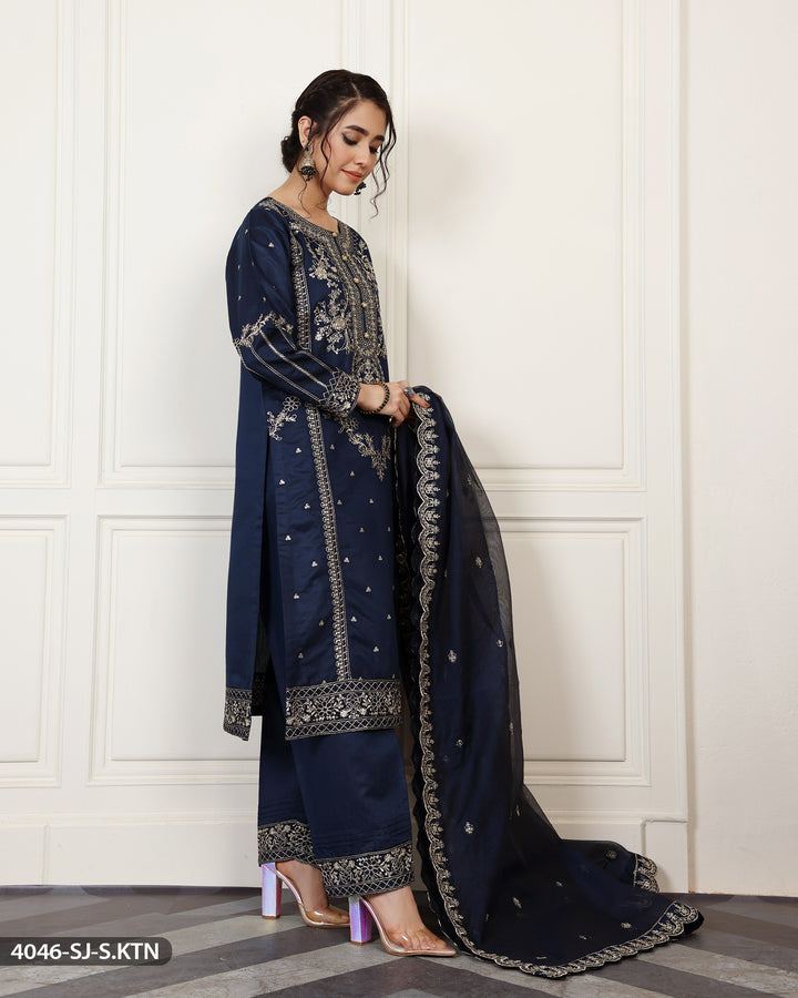 Stitched Embroidered Chambray Katan Suit | 4046-SJ-S.KTN