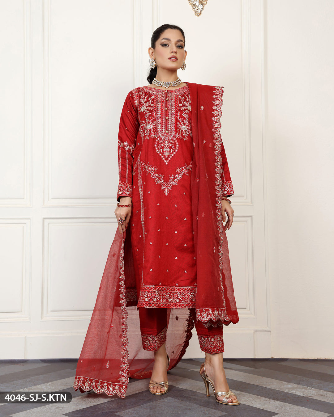 Stitched Embroidered Chambray Katan Suit | 4046-SJ-S.KTN