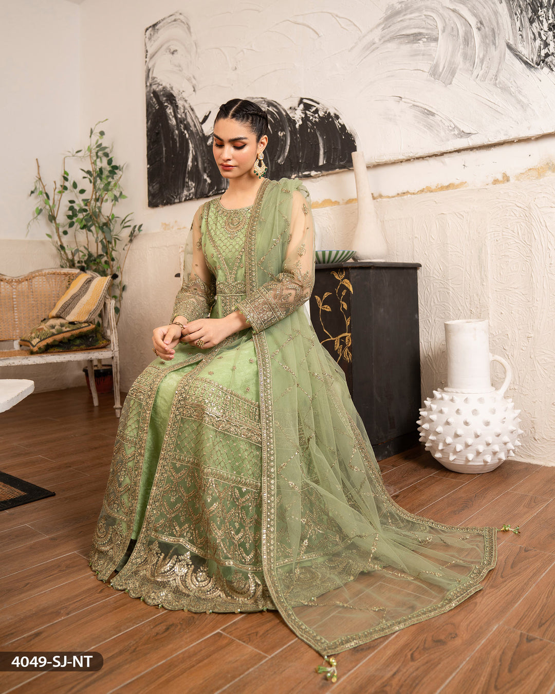 3 Piece Net Embroidered Maxi | 4049-SJ-NT