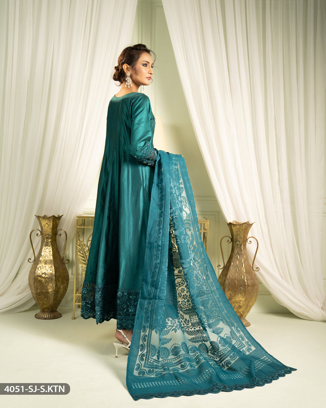 3 Piece Chambray Katan Embroidered Maxi | 4051-SJ-S.KTN