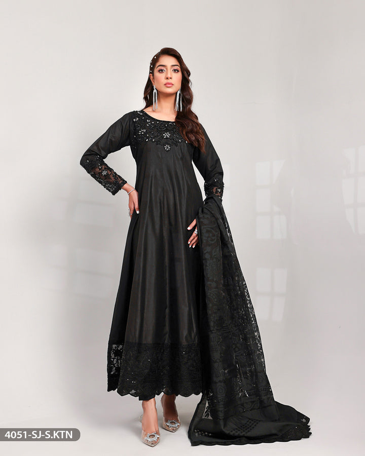 3 Piece Chambray Katan Embroidered Maxi | 4051-SJ-S.KTN