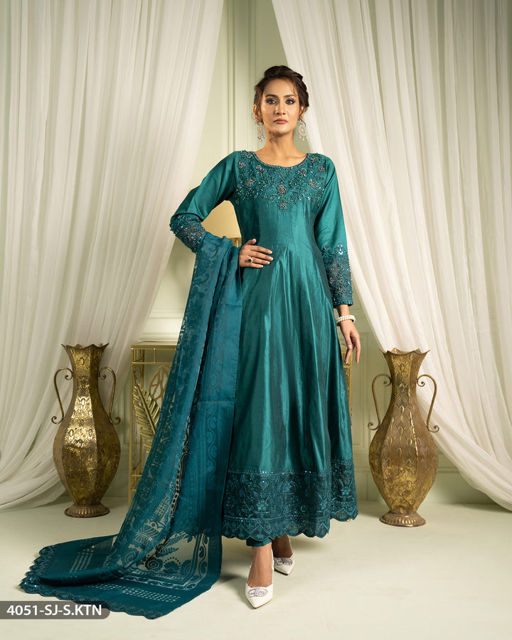 3 Piece Chambray Katan Embroidered Maxi | 4051-SJ-S.KTN