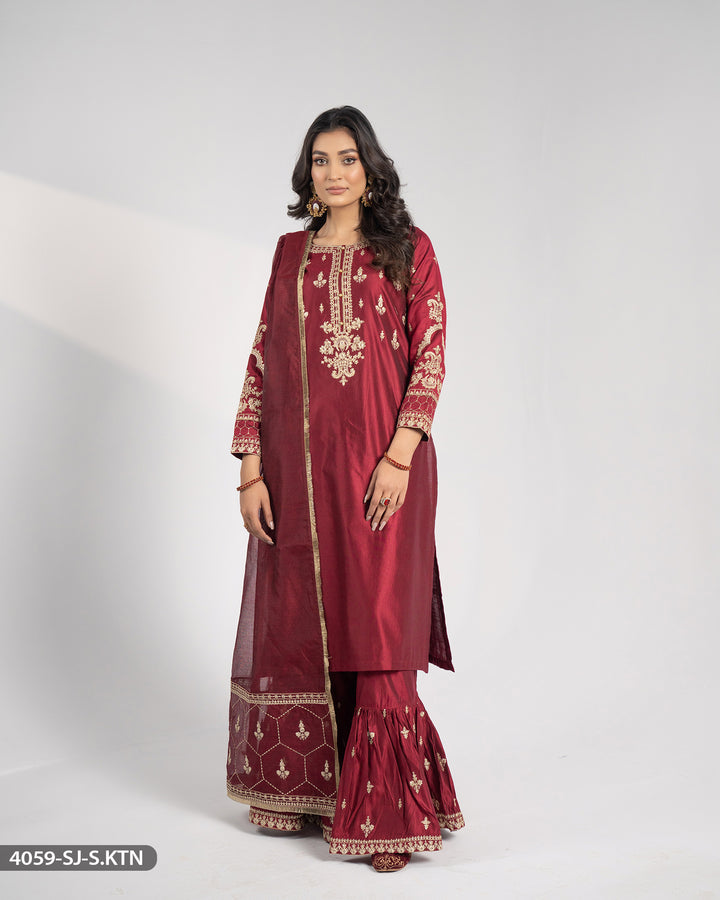 Embroidered Chambray Katan Suit | 4059-SJ-S.KTN