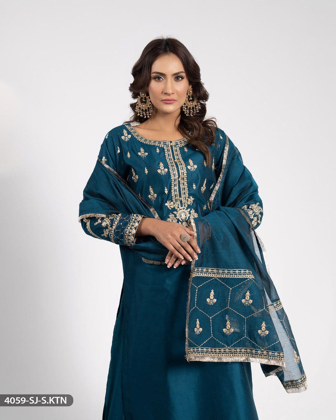 Embroidered Chambray Katan Suit | 4059-SJ-S.KTN