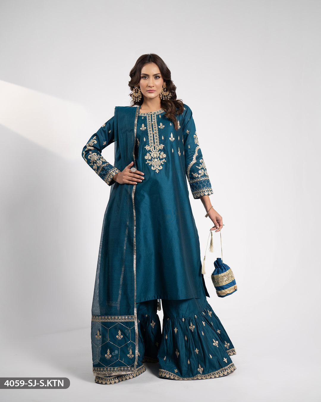 Embroidered Chambray Katan Suit | 4059-SJ-S.KTN