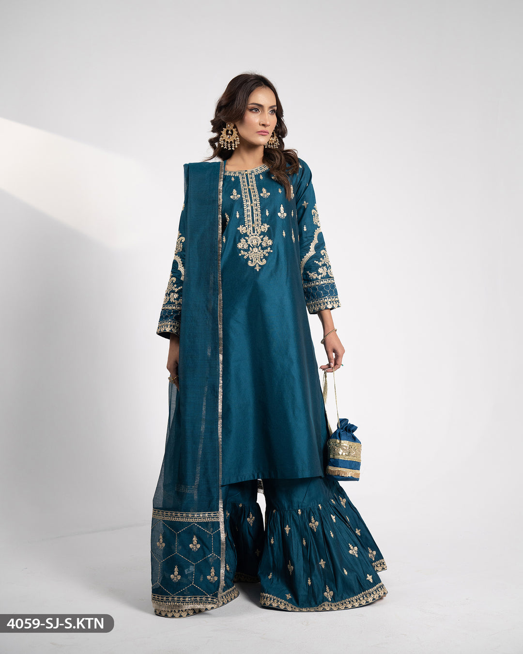 Embroidered Chambray Katan Suit | 4059-SJ-S.KTN