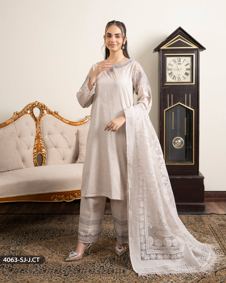 3 Piece Cotton Embroidered Suit | 4063-SJ-J.CT