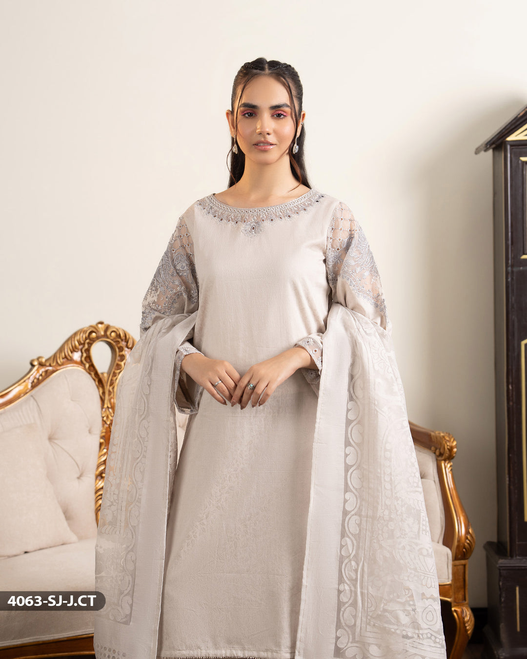 3 Piece Cotton Embroidered Suit | 4063-SJ-J.CT