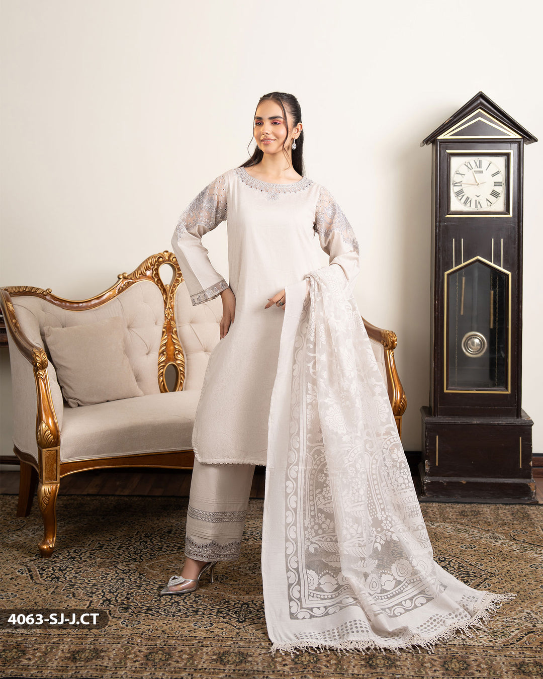 3 Piece Cotton Embroidered Suit | 4063-SJ-J.CT