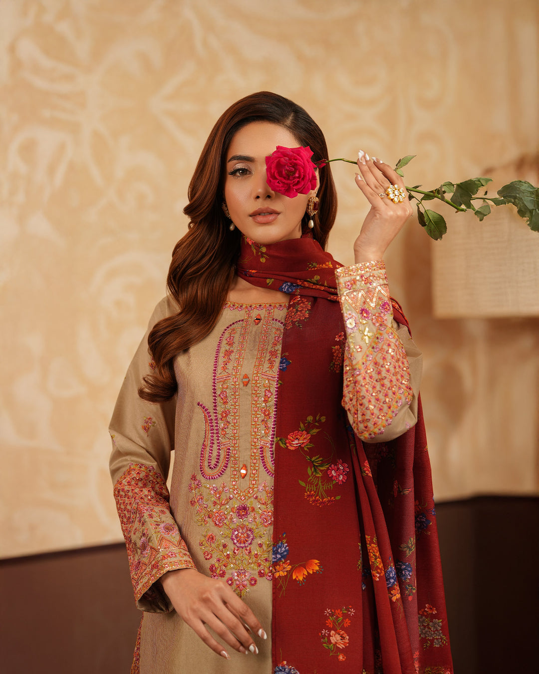 3-Piece Ready-to-Wear Chambray Katan Suit | 4084-SJ-S.KTN - Sha Posh Textile