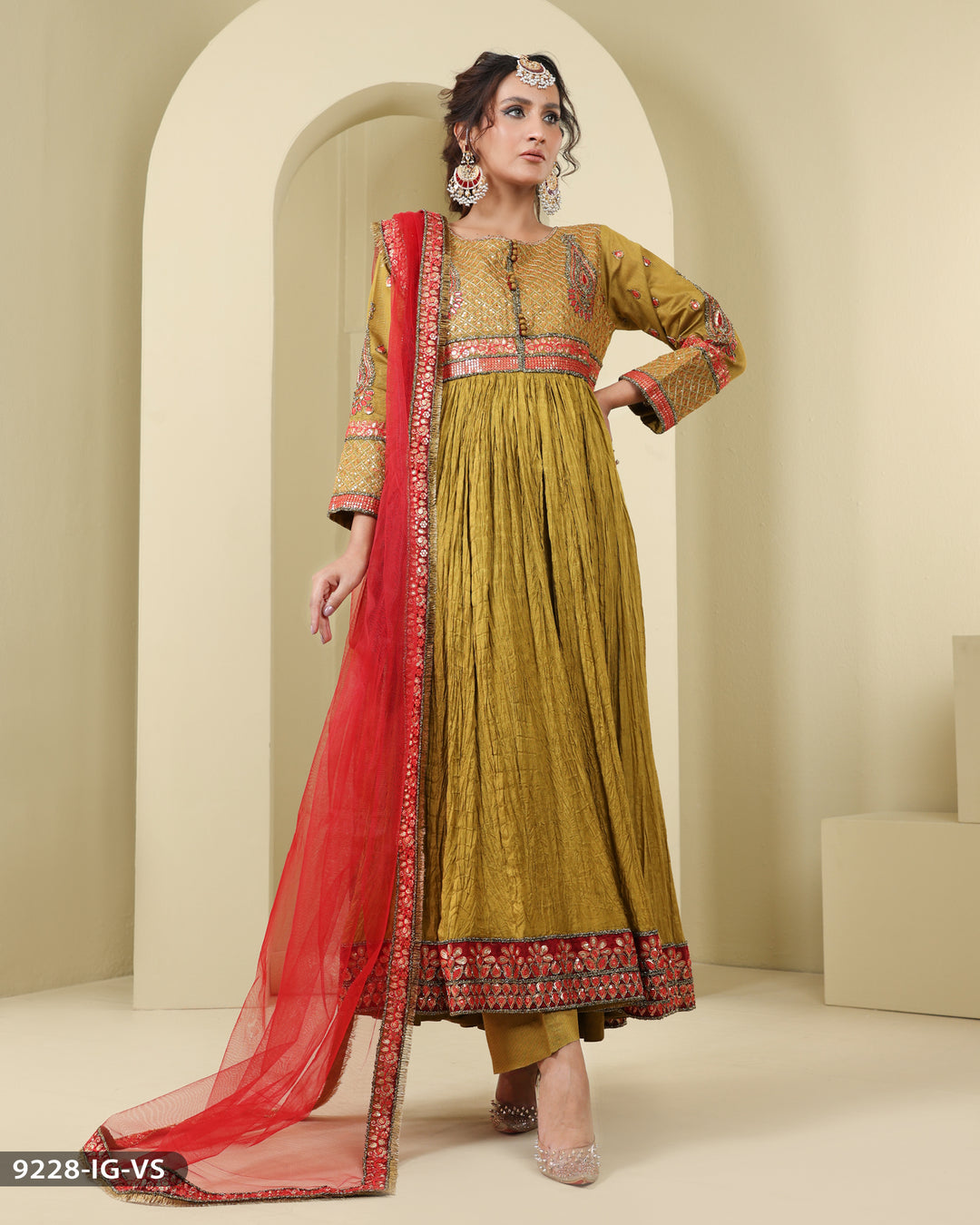 Formal Frock Style 3 Piece Embroidered suit (Stitched) | 9328-IG-S.KTN