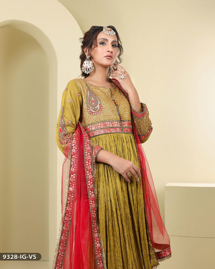 Formal Frock Style 3 Piece Embroidered suit (Stitched) | 9328-IG-S.KTN