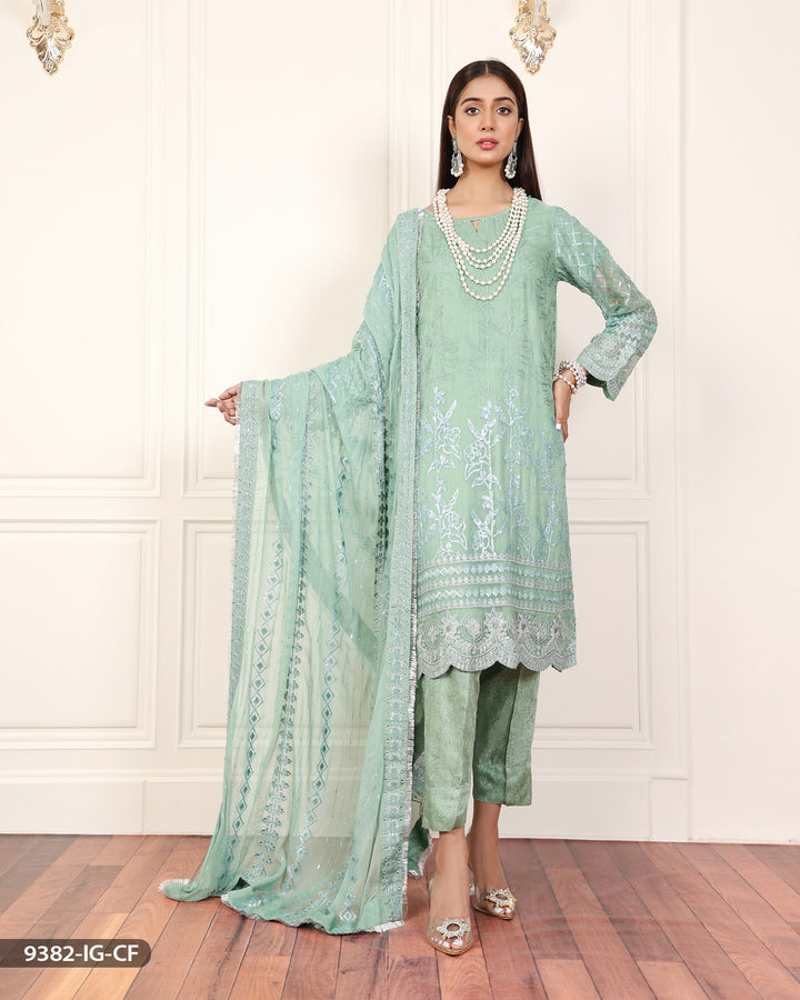 Formal 3 Piece Chiffon Dress with Embroidered (Stitched) | 9382-IG-CF