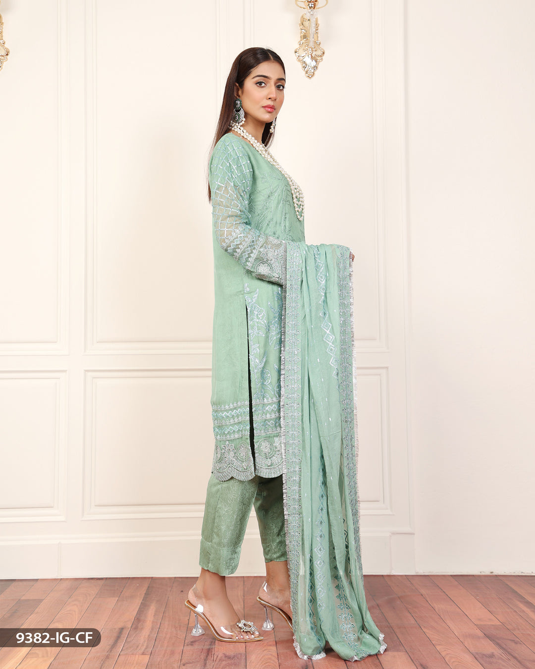 Formal 3 Piece Chiffon Dress with Embroidered (Stitched) | 9382-IG-CF