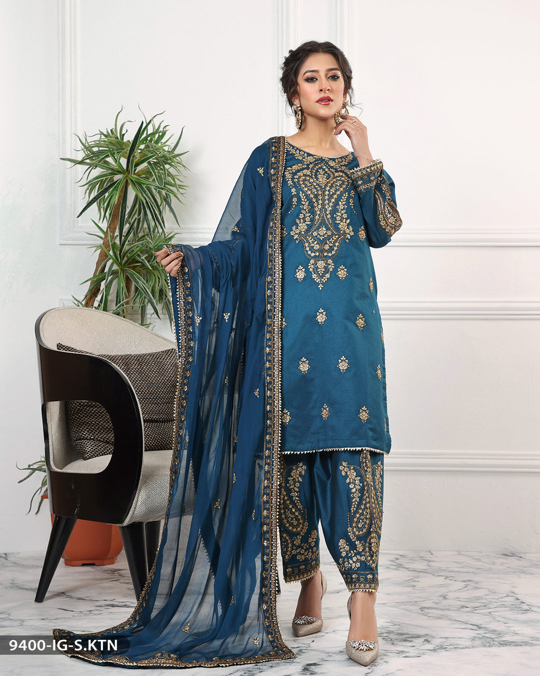 Formal 3 Piece Chambray Katan Embroidered (Stitched) | 9400-IG-S.KTN